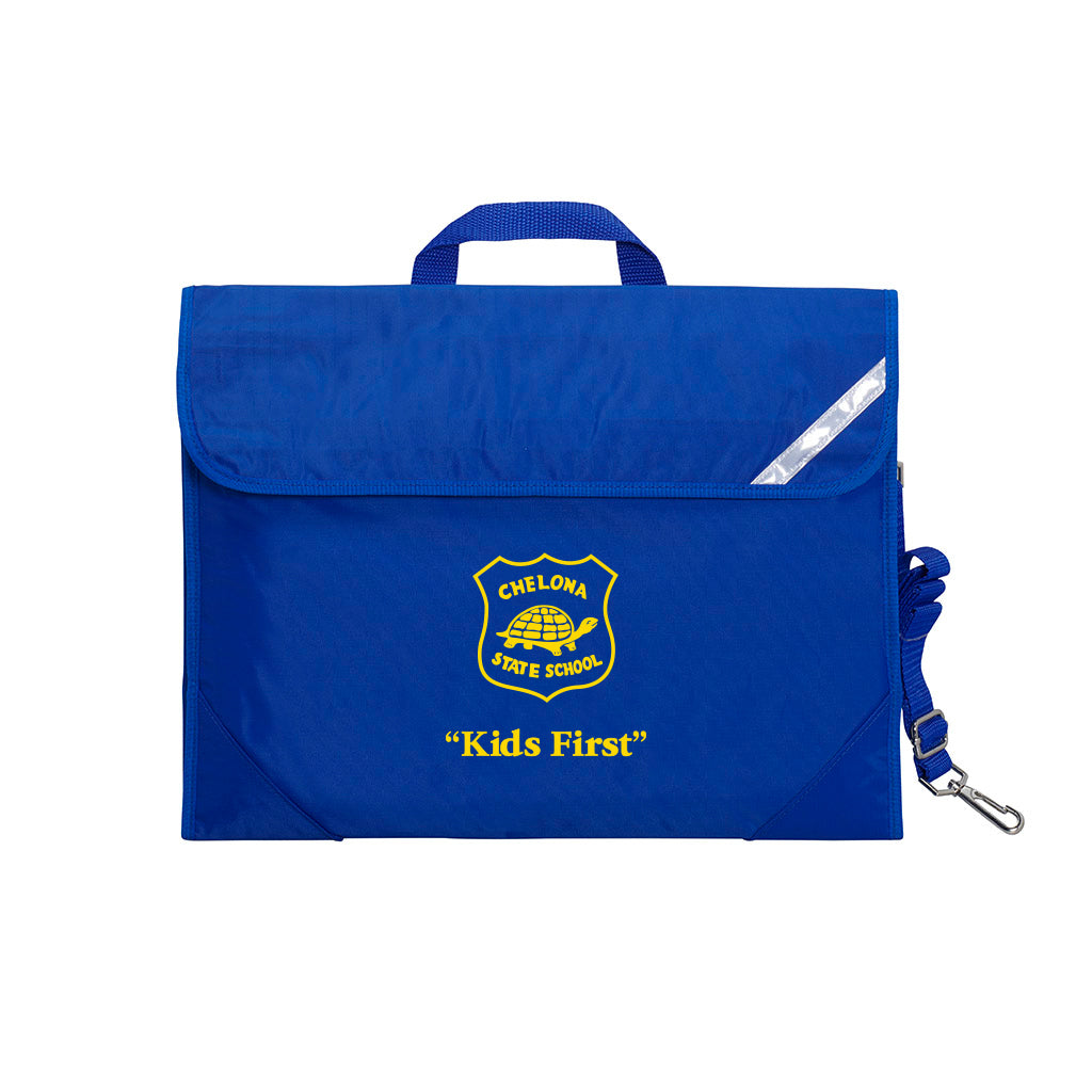 Harlequin Safety Library bag in Royal Blue displaying carry handle, velcro opening, shoulder strap, reflector safety strip, reinforced corners and Chelona State School logo