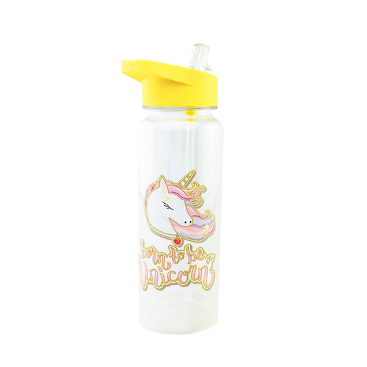 Clear water bottle with yellow lid and straw with a unicorn design