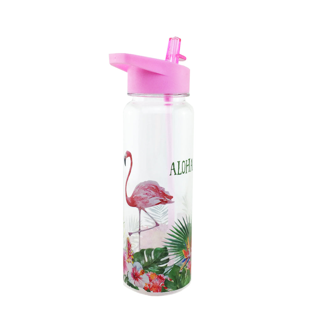 BPA FREE Clear Water bottle with pink straw and lid with a pink flamingo Aloha design