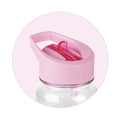 Close up image of BPA FREE Clear Water bottle with pink straw and lid