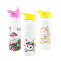 BPA FREE Collection of 3 Clear Water bottles with pink or yellow lid and straw flamingo and unicorn designs