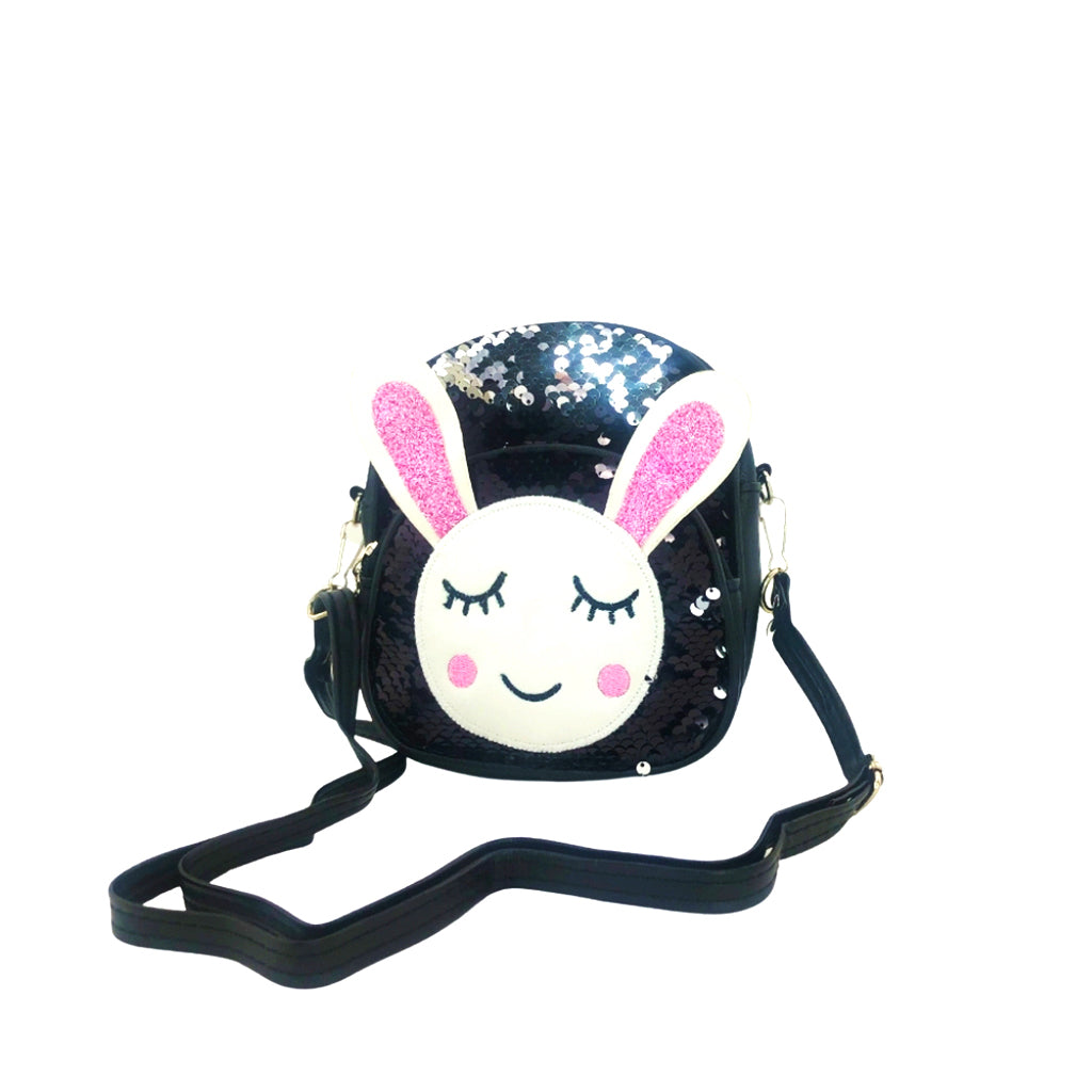 Glitter Bunny Backpack front view with two compartments and keyrings and strap