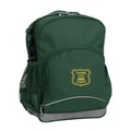 Crown Street Public School front angle view of the Kindy Backpack in colour  Bottle Green featuring a small front pocket, spacious main compartment with D-ring keychain, detachable shoulder strap, mesh water bottle pocket, and reflective piping for visibility