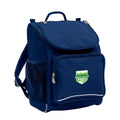 Mighty backpack in colour Navy, front side angle displaying carry handle, padded shoulder straps, top zipper compartment, front zipper pocket and mesh water bottle holder with Deebing Heights State School logo