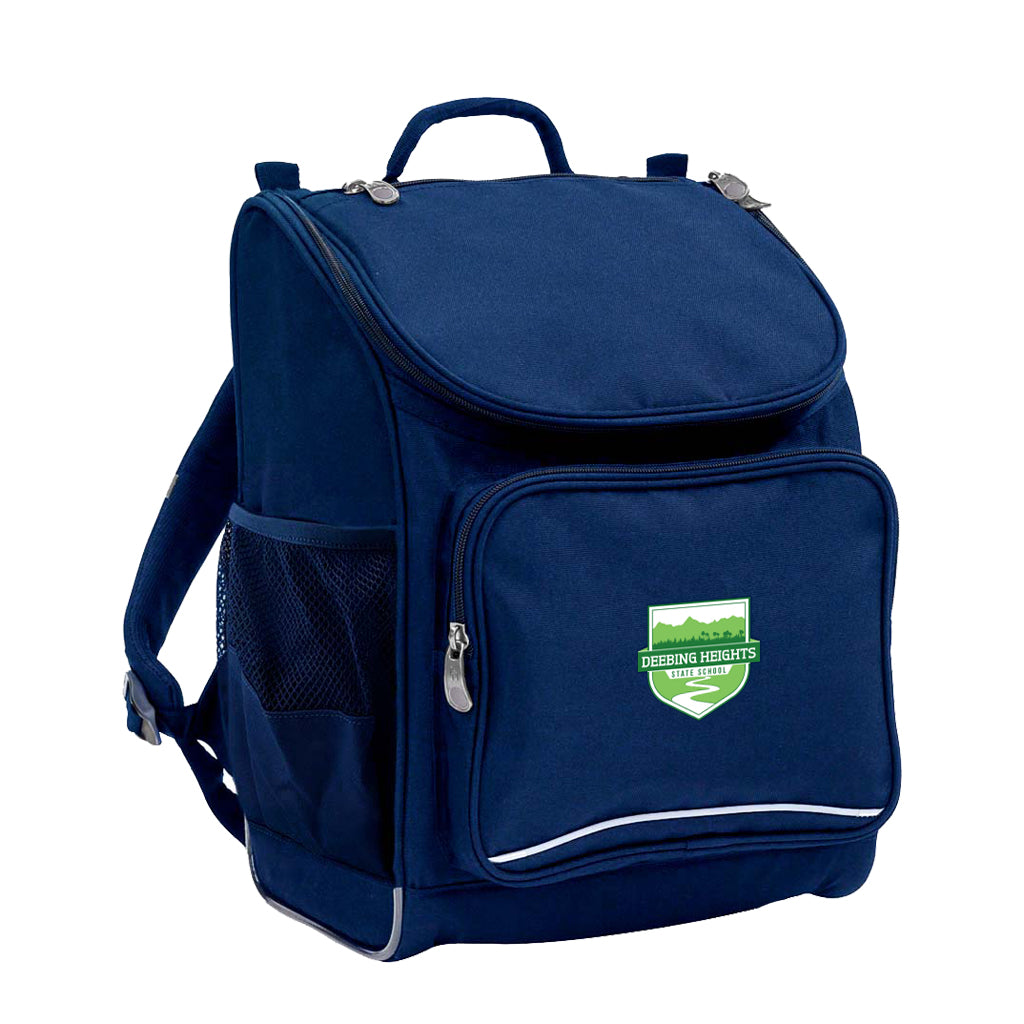 Mighty backpack in colour Navy, front side angle displaying carry handle, padded shoulder straps, top zipper compartment, front zipper pocket and mesh water bottle holder with Deebing Heights State School logo