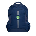 Navy Harlequin Quantum Bag front view with two compartments with zip closure, light reflectors on the front pocket and adjustable straps and bottle holder on the sides of the bag and Deebing Heights State School logo