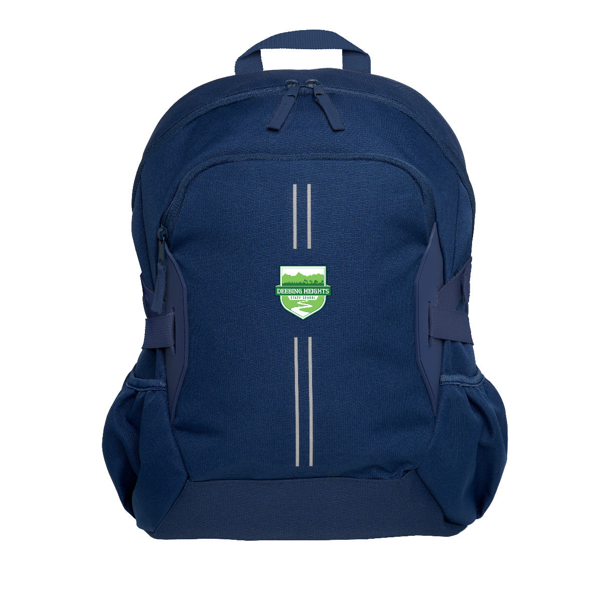 Navy Harlequin Quantum Bag front view with two compartments with zip closure, light reflectors on the front pocket and adjustable straps and bottle holder on the sides of the bag and Deebing Heights State School logo