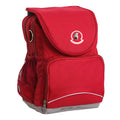 Drummond Memorial Public School Ergo Tuff-Pack backpack Red. Front side angle, padded shoulder straps, two zipper compartments, front zipper pocket, D-Ring and mesh water bottle.