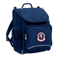 Mighty backpack in colour navy, front side angle displaying carry handle, padded shoulder straps, top zipper compartment, front zipper pocket and mesh water bottle holder with Drummond Memorial Public School logo