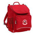 Mighty backpack in colour Red, front side angle displaying carry handle, padded shoulder straps, top zipper compartment, front zipper pocket and mesh water bottle holder with Drummond Memorial Public School logo