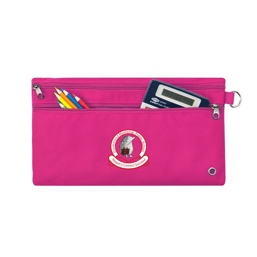 Harlequin pink pencil case front angle displaying two zip compartments and D-ring with Drummond Memorial Public School logo