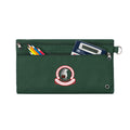 Harlequin green pencil case front angle displaying two zip compartments and D-ring with Drummond Memorial Public School logo