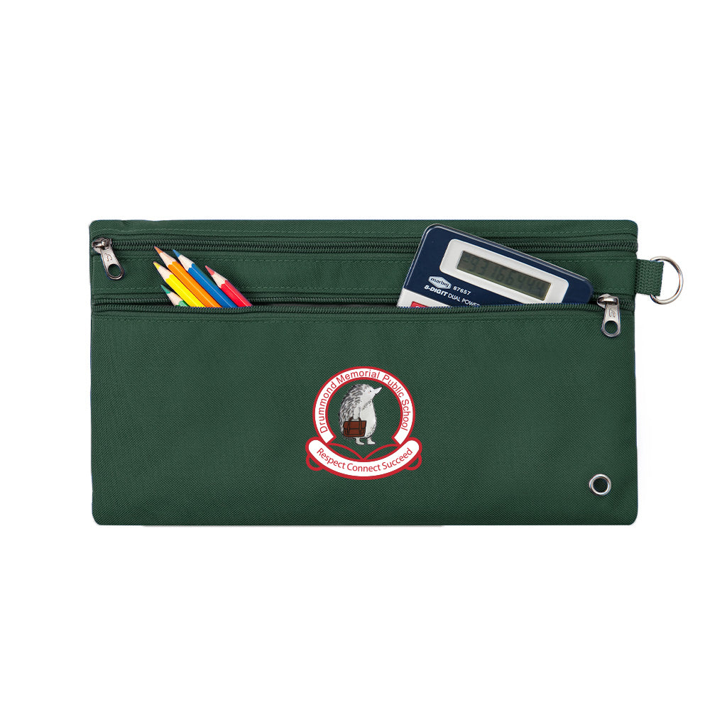 Harlequin green pencil case front angle displaying two zip compartments and D-ring with Drummond Memorial Public School logo