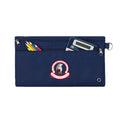 Harlequin navy pencil case front angle displaying two zip compartments and D-ring with Drummond Memorial Public School logo