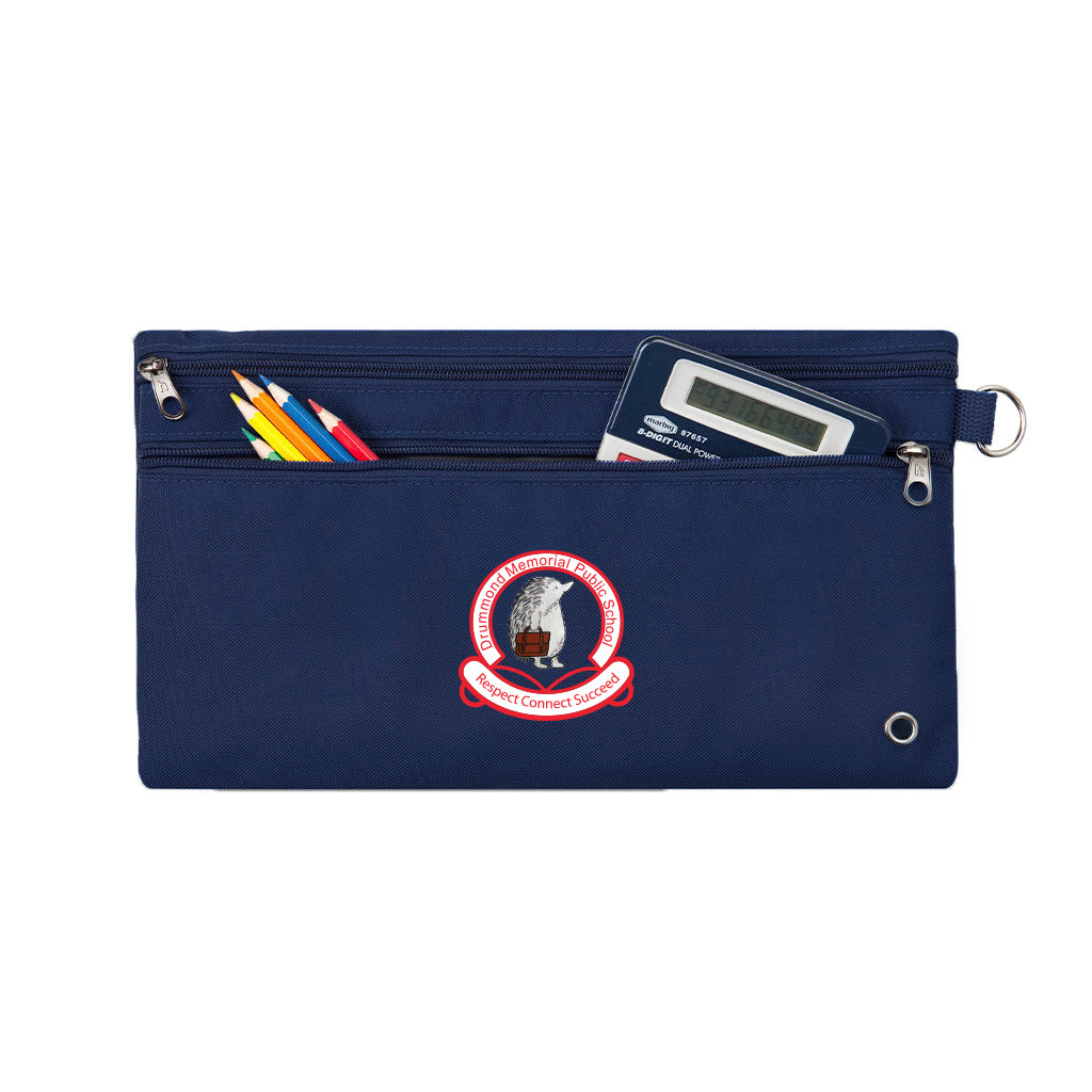 Harlequin navy pencil case front angle displaying two zip compartments and D-ring with Drummond Memorial Public School logo