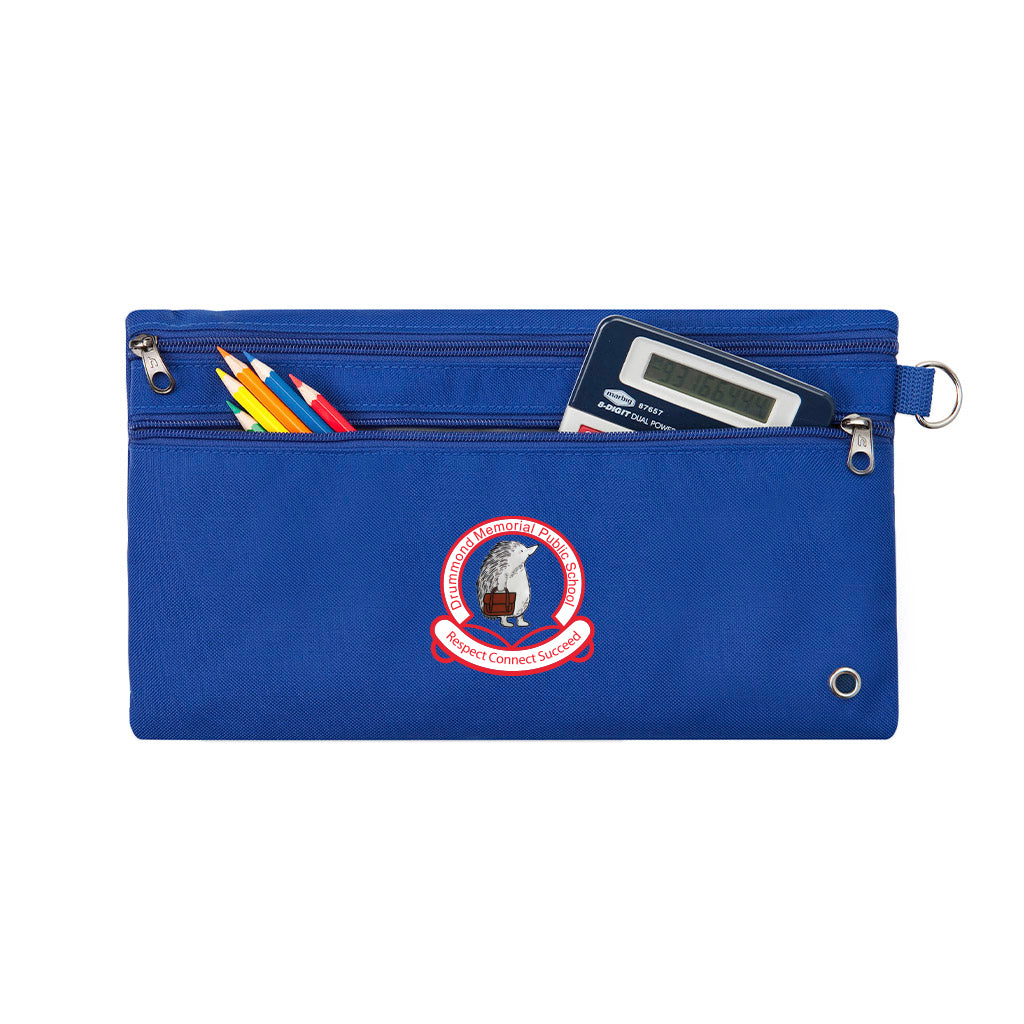 Harlequin royal pencil case front angle displaying two zip compartments and D-ring with Drummond Memorial Public School logo