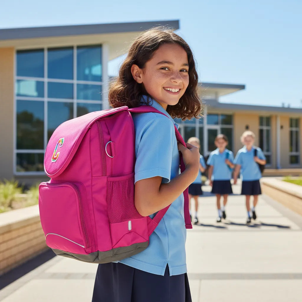 Girl with a pink backpack standing in front of a school building with other students in the background.