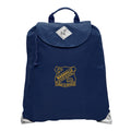 Harlequin royal eco excursion bag front angle view displaying handle, velcro fastening with drawstring toggle and reflective safety corners and personalisation 