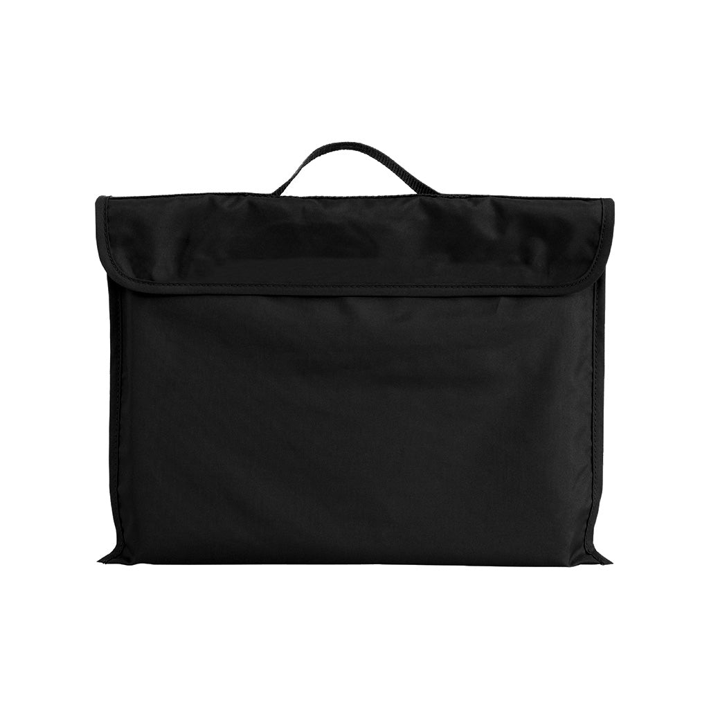 Harlequin black eco library bag displaying carry handle, velcro flap opening, and PET recycled water repellent fabric