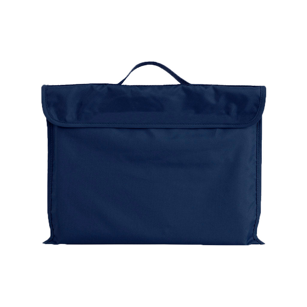 Harlequin navy eco library bag displaying carry handle, velcro flap opening, and PET recycled water repellent fabric