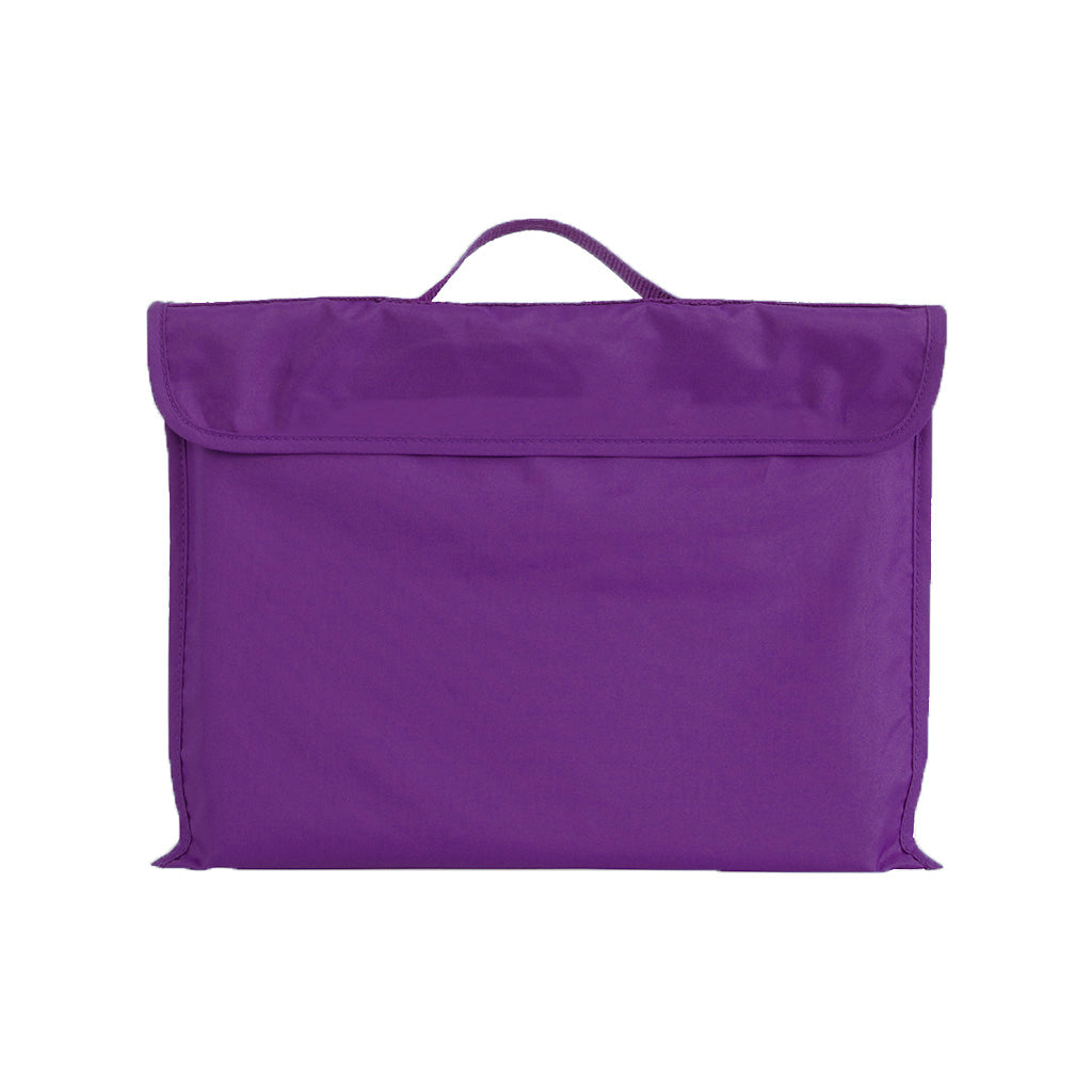 Harlequin purple eco library bag displaying carry handle, velcro flap opening, and PET recycled water repellent fabric