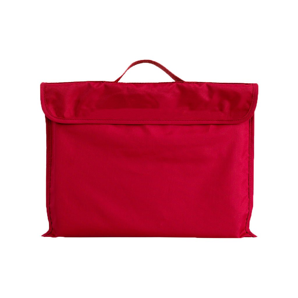 Harlequin red eco library bag displaying carry handle, velcro flap opening, and PET recycled water repellent fabric