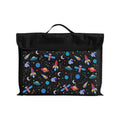 Harlequin Black Eco Library bag with Galaxy Boy design from the Harlequin Creatix Signature Series. Front view displaying carry handle, velcro flap opening, and PET recycled water repellent fabric.