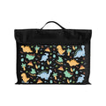Harlequin Eco Library bag in Black with Jurassic design from the Harlequin Creatix Signature Series. Front view displaying carry handle, velcro flap opening, and PET recycled water repellent fabric.
