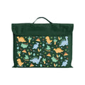 Harlequin Eco Library bag in Green with Jurassic design from the Harlequin Creatix Signature Series. Front view displaying carry handle, velcro flap opening, and PET recycled water repellent fabric.