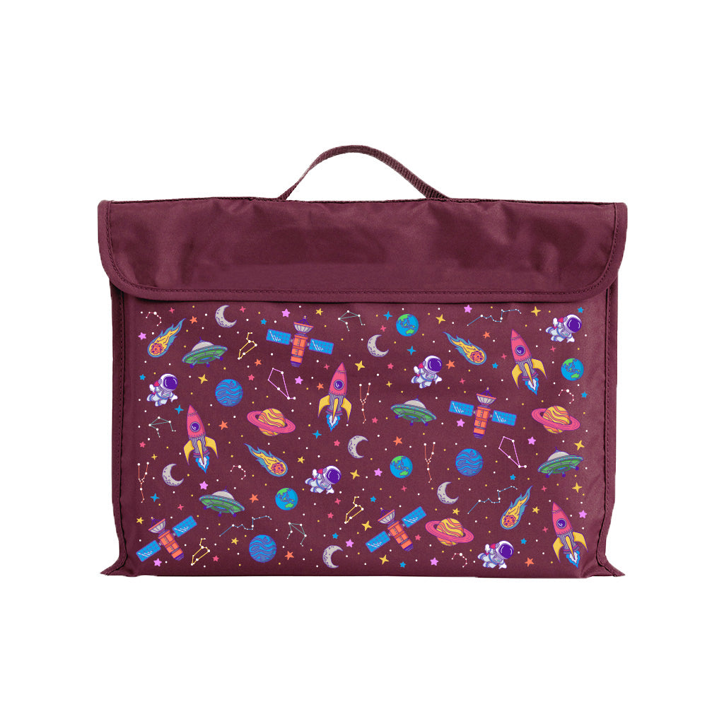 Harlequin Eco Library bag in Maroon with Galaxy Girl design from the Harlequin Creatix Signature Series. Front view displaying carry handle, velcro flap opening, and PET recycled water repellent fabric.