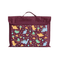Harlequin Eco Library bag in Maroon with Jurassic design from the Harlequin Creatix Signature Series. Front view displaying carry handle, velcro flap opening, and PET recycled water repellent fabric.