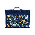 Harlequin Eco Library bag in Navy with Jurassic design from the Harlequin Creatix Signature Series. Front view displaying carry handle, velcro flap opening, and PET recycled water repellent fabric.