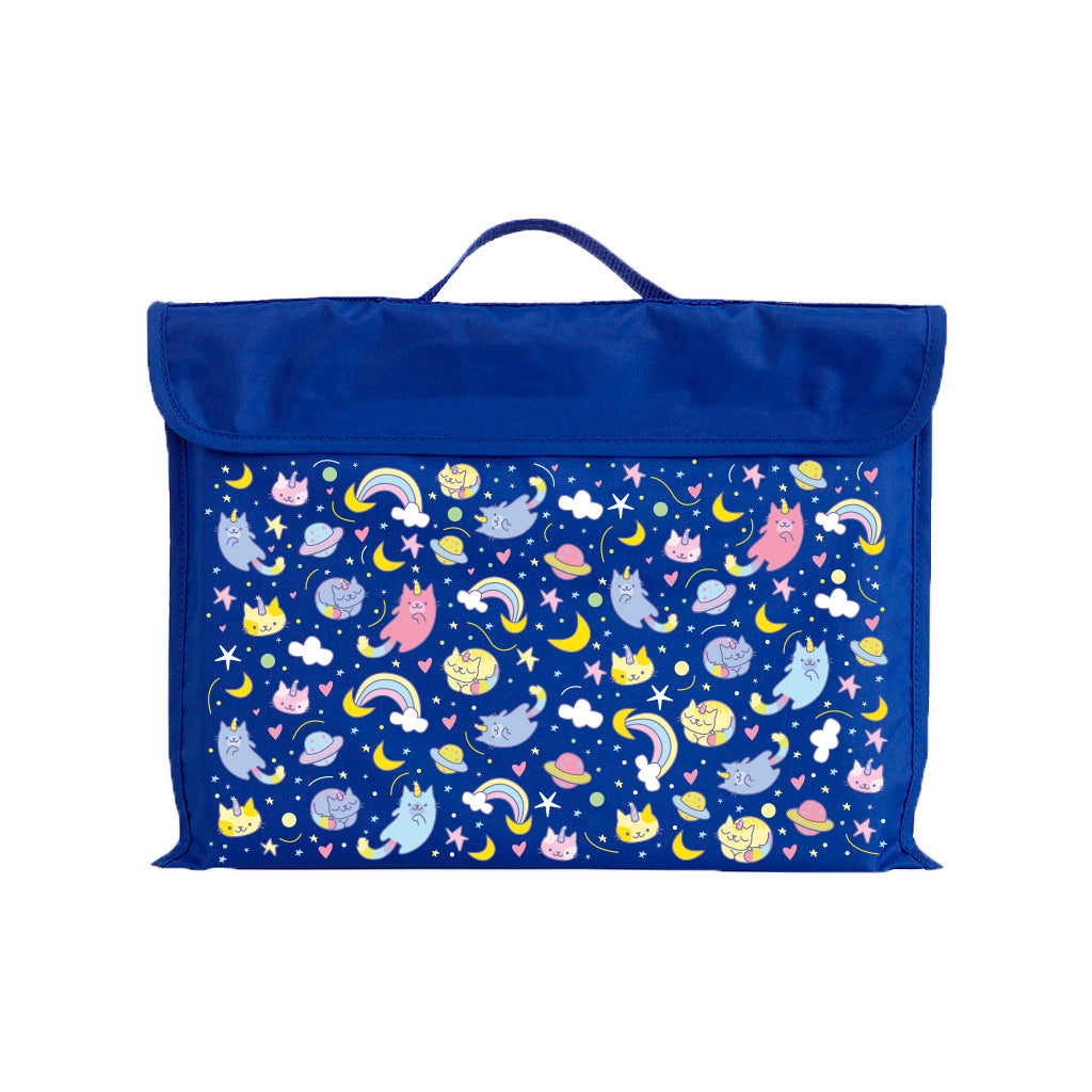 Harlequin Eco Library bag in Royal Blue with Kittycorn design from the Harlequin Creatix Signature Series. Front view displaying carry handle, velcro flap opening, and PET recycled water repellent fabric.