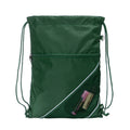 Harlequin green eco sprint bag displaying drawstring opened, top zipper, external zippered pocket, and d-ring trinket holder
