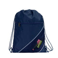 Harlequin navy eco sprint bag displaying drawstring opening, top zipper, external zippered pocket, and d-ring trinket holder