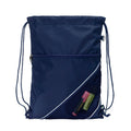 Harlequin navy eco sprint bag displaying drawstring opened, top zipper, external zippered pocket, and d-ring trinket holder