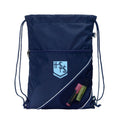 Harlequin navy eco sprint bag displaying drawstring opened, top zipper, external zippered pocket, and d-ring trinket holder