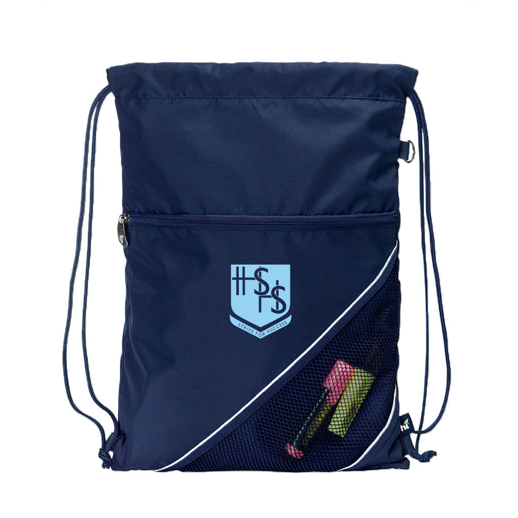 Harlequin navy eco sprint bag displaying drawstring opened, top zipper, external zippered pocket, and d-ring trinket holder