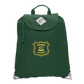 Harlequin green eco excursion bag front angle view displaying handle, velcro fastening with drawstring toggle, reflective safety corners and Crown Street Logo 