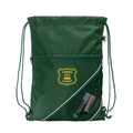 Harlequin green eco sprint bag displaying drawstring opened, top zipper, external zippered pocket, d-ring trinket holder and Crown street logo