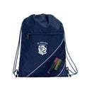 Harlequin navy eco sprint bag displaying drawstring opening, top zipper, external zippered pocket, and d-ring trinket holder with St Aloysius logo