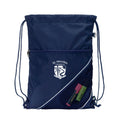 Harlequin navy eco sprint bag displaying drawstring opened, top zipper, external zippered pocket, and d-ring trinket holder with St Aloysius logo