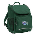 Mighty backpack in colour Green, front side angle displaying carry handle, padded shoulder straps, top zipper compartment, front zipper pocket and mesh water bottle holder with Eltham Public School logo