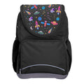 Harlequin Ergo Tuff-Pack backpack in Black with Galaxy Girl design from the Harlequin Creatix signature series. Front view showcasing two zipper compartments, reflective piping, front zipper pocket and front of flap.