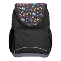 Harlequin Ergo Tuff-Pack backpack in Black with Pixel Chick design from the Harlequin Creatix signature series. Front view showcasing two zipper compartments, reflective piping, front zipper pocket and front of flap.