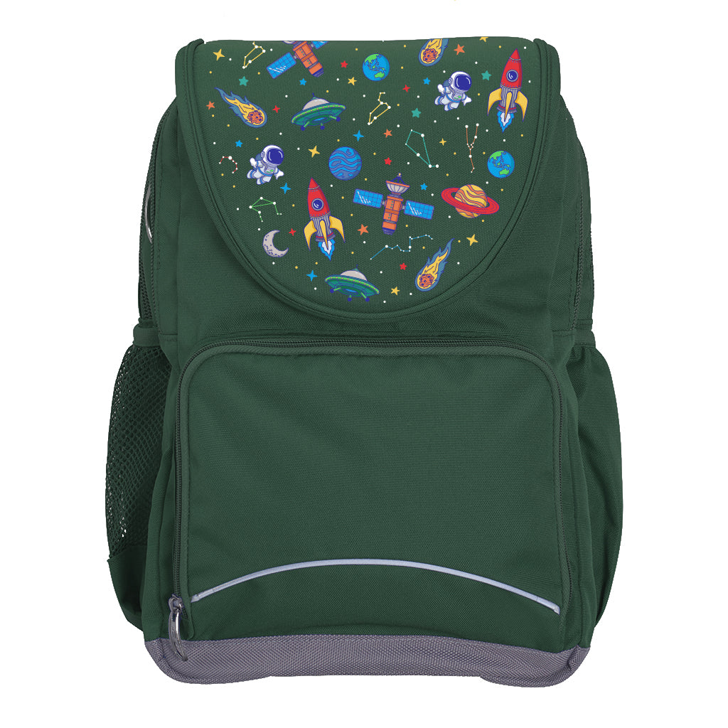 Harlequin Ergo Tuff-Pack backpack in Green featuring Galaxy Boy design from the Harlequin Creatix signature series. Front view showing the front zipper pocket and detachable flap.