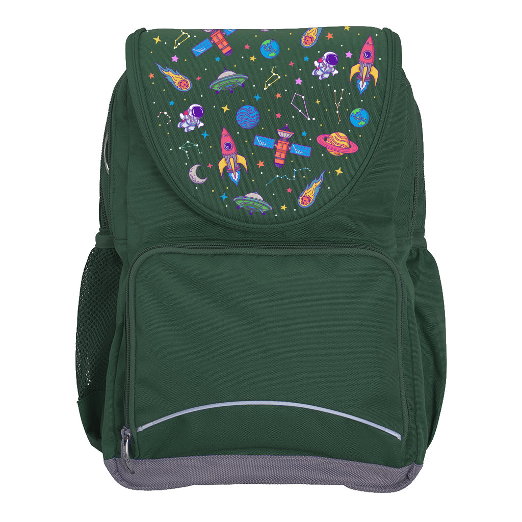 Harlequin Ergo Tuff-Pack backpack in Green with Galaxy Girl design from the Harlequin Creatix signature series. Front view showcasing two zipper compartments, reflective piping, front zipper pocket and front of flap.
