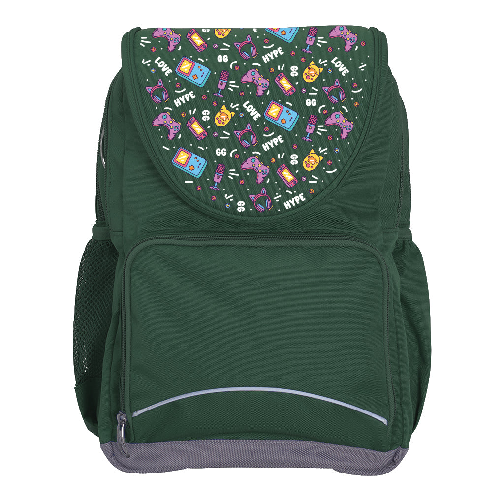Harlequin Ergo Tuff-Pack backpack in Green with Pixel Chick design from the Harlequin Creatix signature series. Front view showcasing two zipper compartments, reflective piping, front zipper pocket and front of flap.