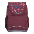 Harlequin Ergo Tuff-Pack backpack in Maroon with Galaxy Girl design from the Harlequin Creatix signature series. Front view showcasing two zipper compartments, reflective piping, front zipper pocket and front of flap.