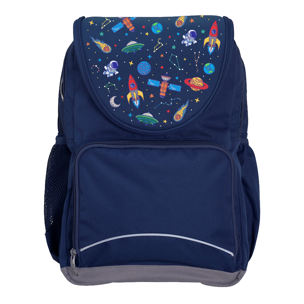 Harlequin Ergo Tuff-Pack backpack in Navy featuring Galaxy Boy design from the Harlequin Creatix signature series. Front view showing the front zipper pocket and detachable flap.